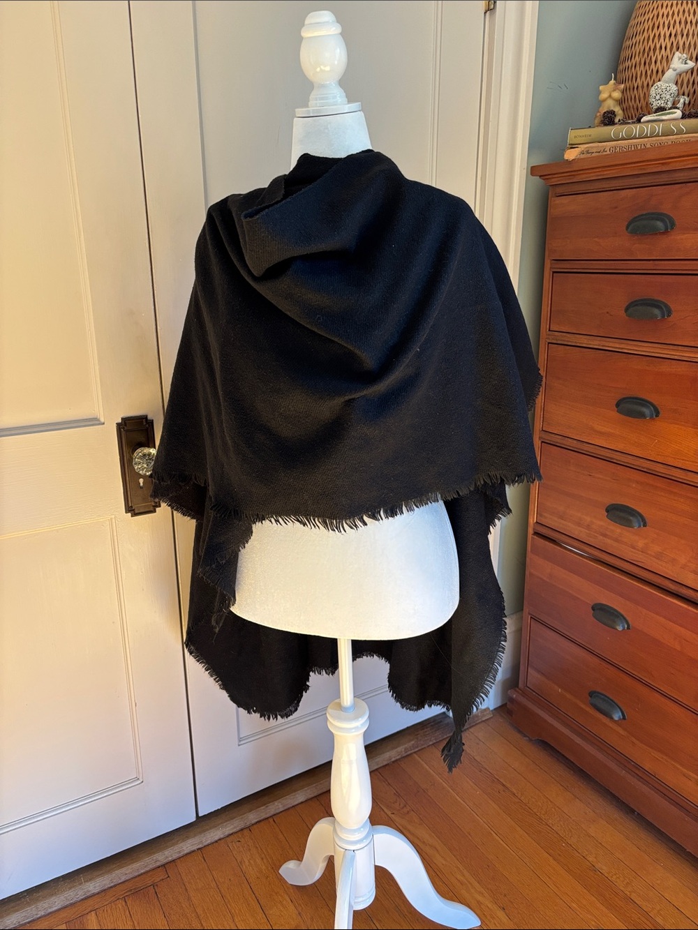 Black wool rag end cape